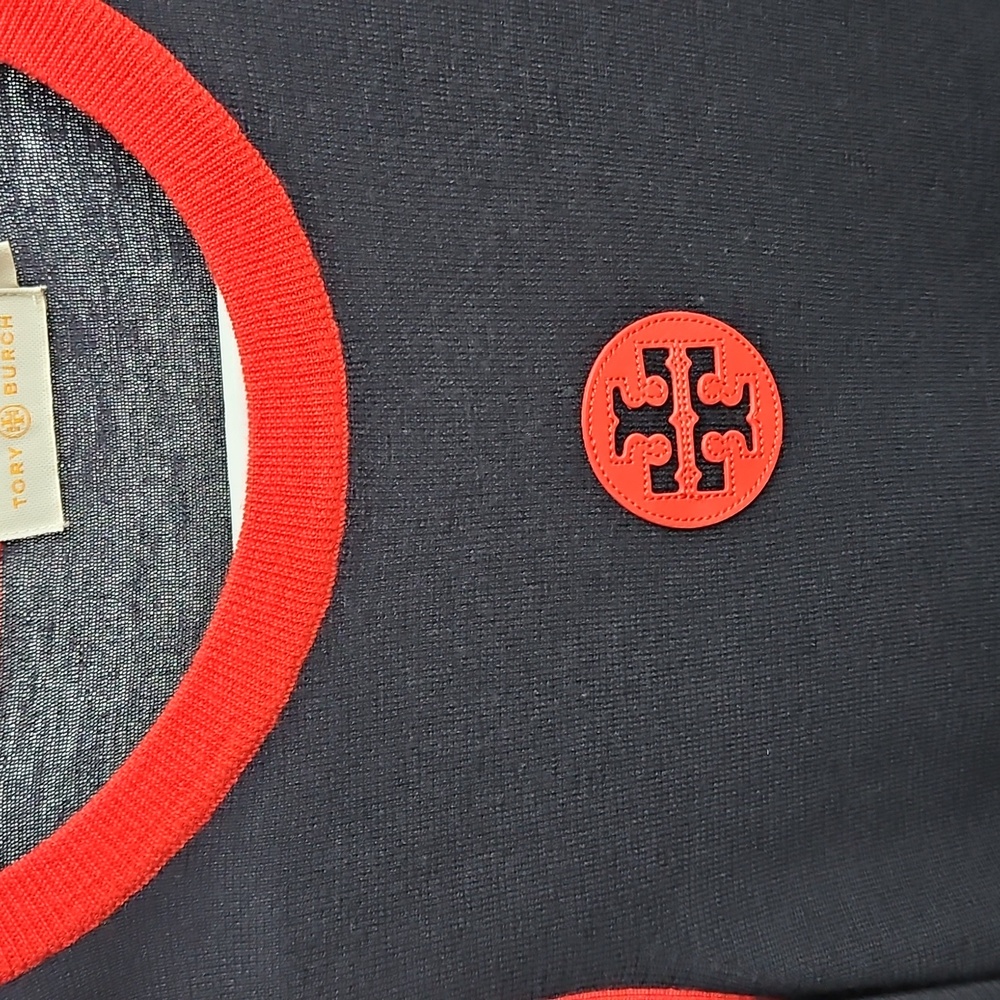 Tory Burch Sweater Navy Blue Red Logo 100% Merino Wool Sz Small Womens - Picture 3 of 5